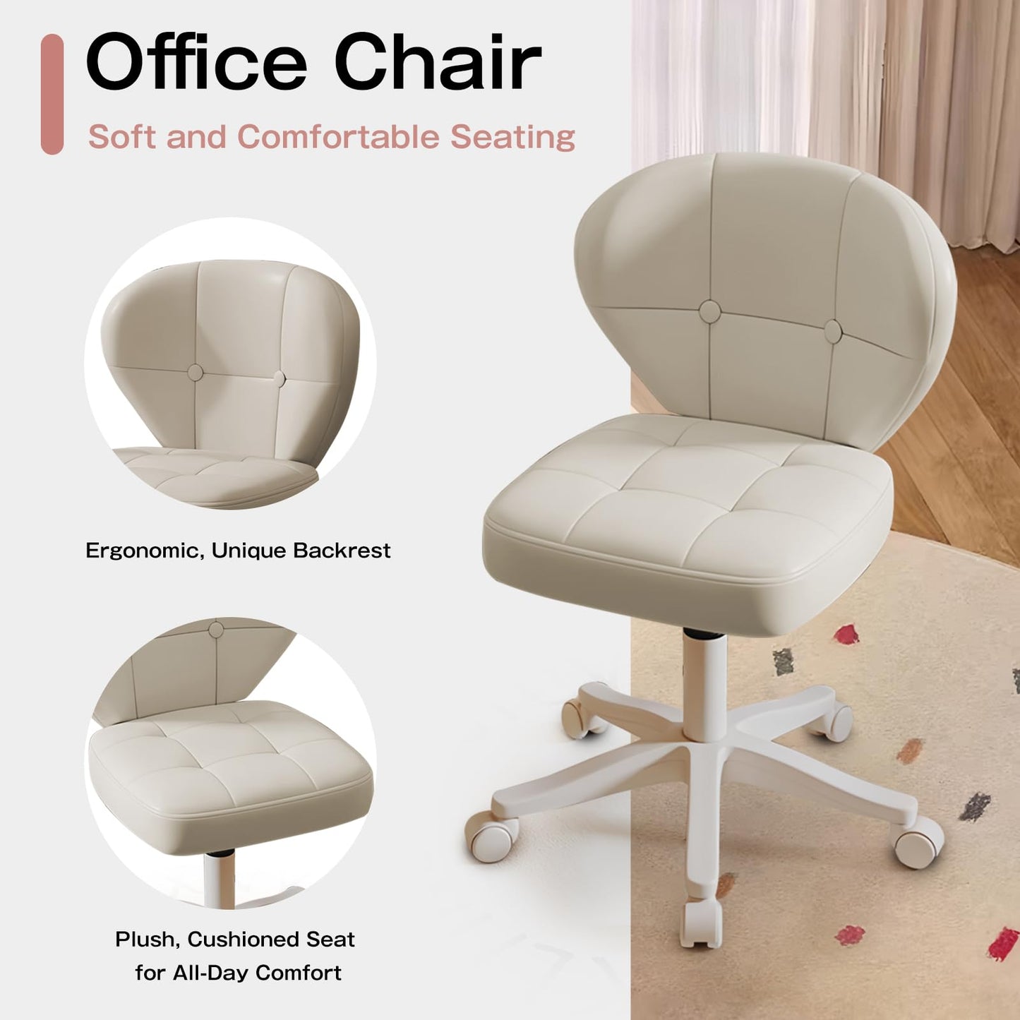 Timbertouch Small Office Chair with Lumbar Support, PU Leather Armless Swivel Desk Chair Adjustable Height, Compact Rolling Chair for Home Office, Bedroom, Study 1White