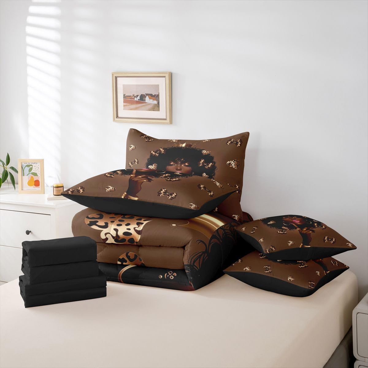 Erosebridal Cute Black Girls Queen Bedding Set Coquette Leopard Bowknot Comforter Set with Flat and Fitted Sheet Girly Cheetah Heart 7-Piece Bed in a Bag Aesthetic Bowtie Quilt Sets
