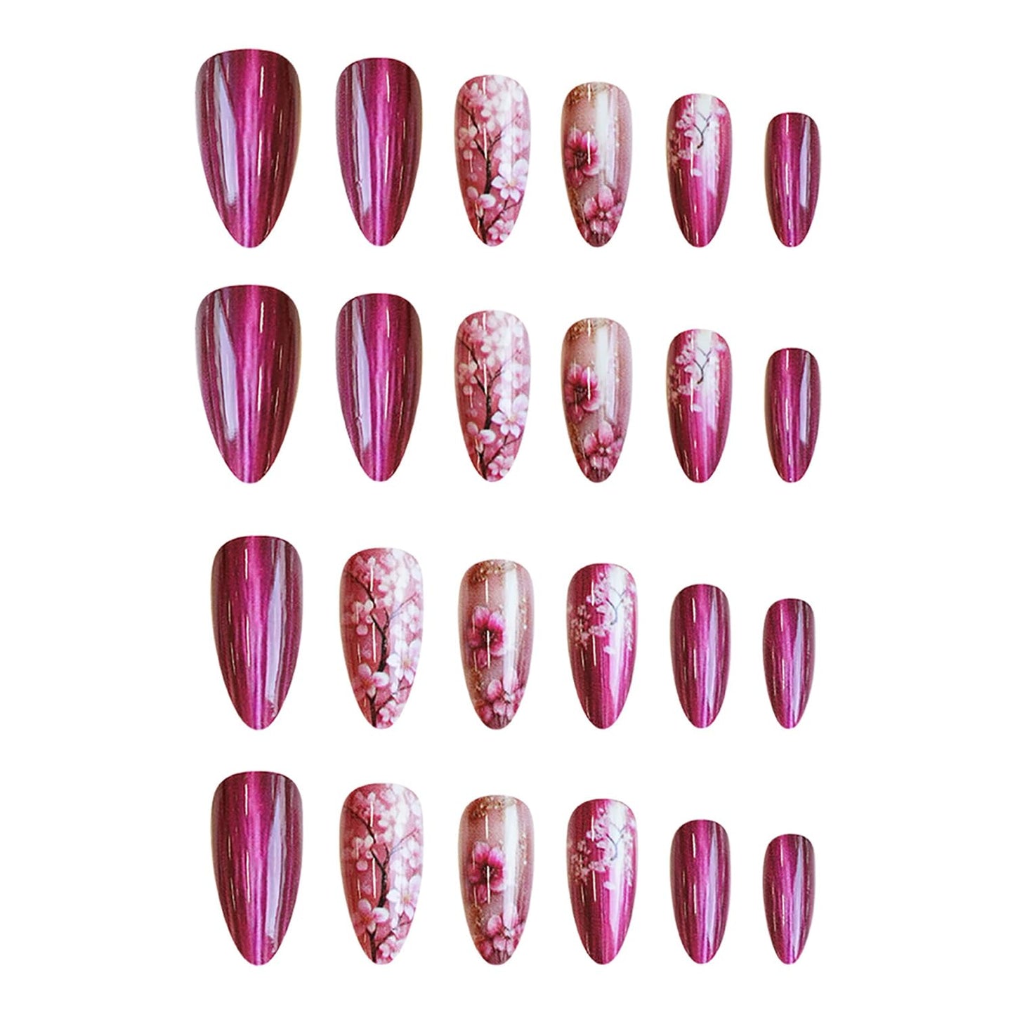 Rose Red Press on Nails Medium Length Almnd Shaped Pink Peach Blossom Pattern Design Artificial Acrylic False Nail Full Cover Glossy Floral Stick on Nail Press Ons Glue on Nails for Women 24Pcs