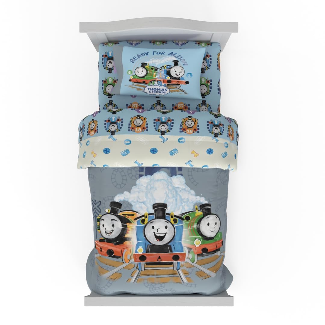Thomas & Friends 4 Piece Toddler Bed Set – Super Soft & Cozy Reversible Microfiber Comforter and Sheets (Officially Licensed Product) By Franco