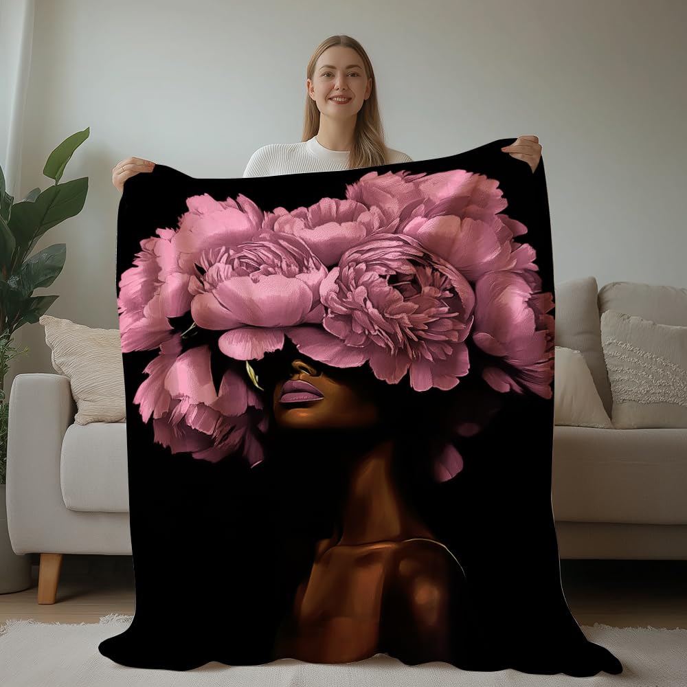 HUNXIAOJ African American Throw Blanket Black Girls Print Blanket African American Gifts for Women Warm Soft Flannel for Girls Boys Women Teens Adults Bed Sofa Couch (50 in x 60 in)