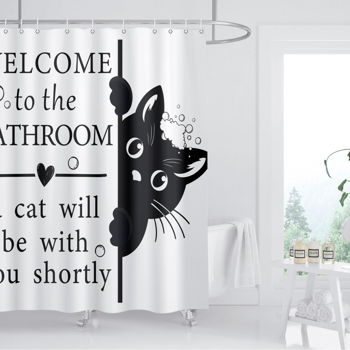 BIYSUC Funny Cat Shower Curtain Cat Lovers Welcome to Bathroom Cute Animal Home Decor Waterproof Polyester Fabric 72Lx72W Inch with Plastic Hooks