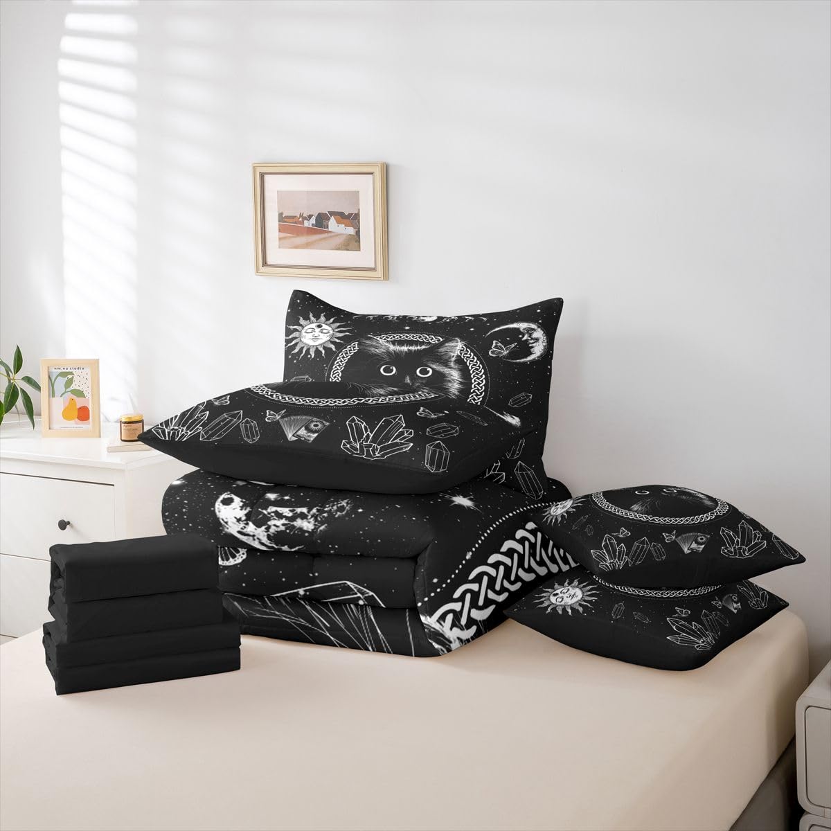 Erosebridal Cartoon Black Cat 7-Piece Bedding Set Full Size for Kids Teens Adults - Kids Cute Cat Bed in a Bag Boho Sun and Moon Comforter Set with Sheets Boho Diamond Butterfly Duvet Insert