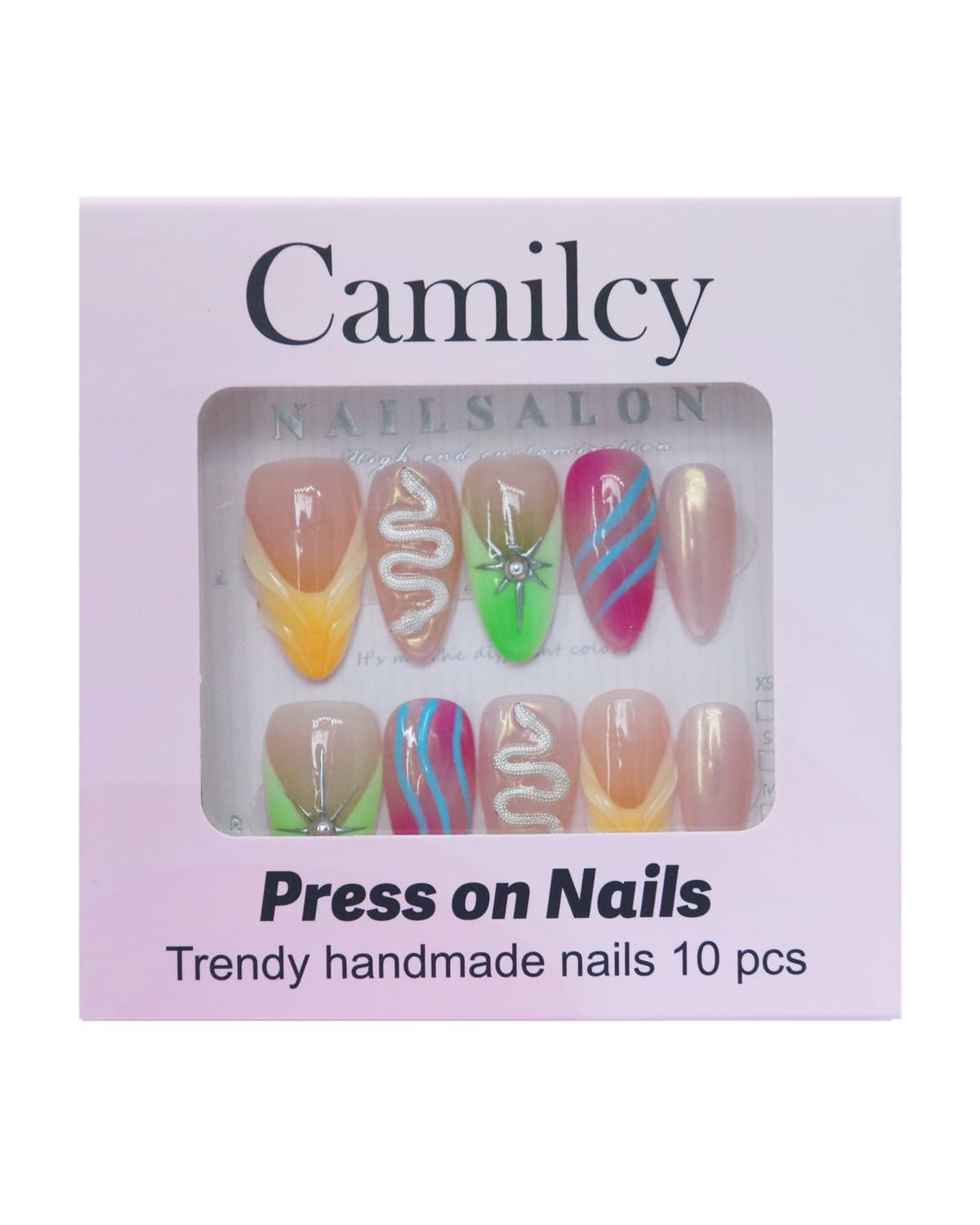 CAMILCY Luxury Handmade Press On Nails Y2K Gradient Long Almond Fake Nails 3D Silver Green Orange Pink Swirl Acrylic Nail Tips Salon Quality Reusable Gothic Trendy False Nails for Women (A139, M)