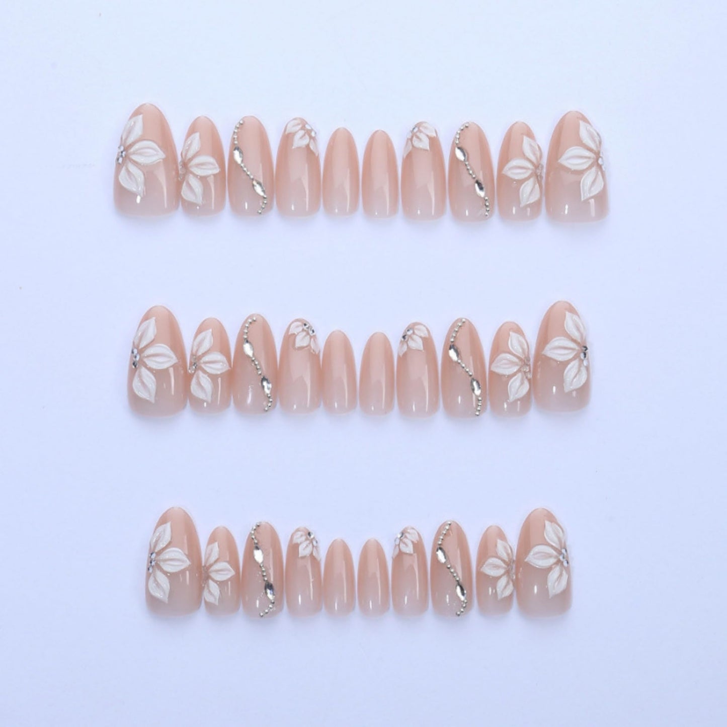 octoswave Press on Nails Medium Almond - Handcrafted 3D White Flower & Silver Rhinestone Designs - Nude Ombre Glossy Fake Nails for Weddings 30pcs