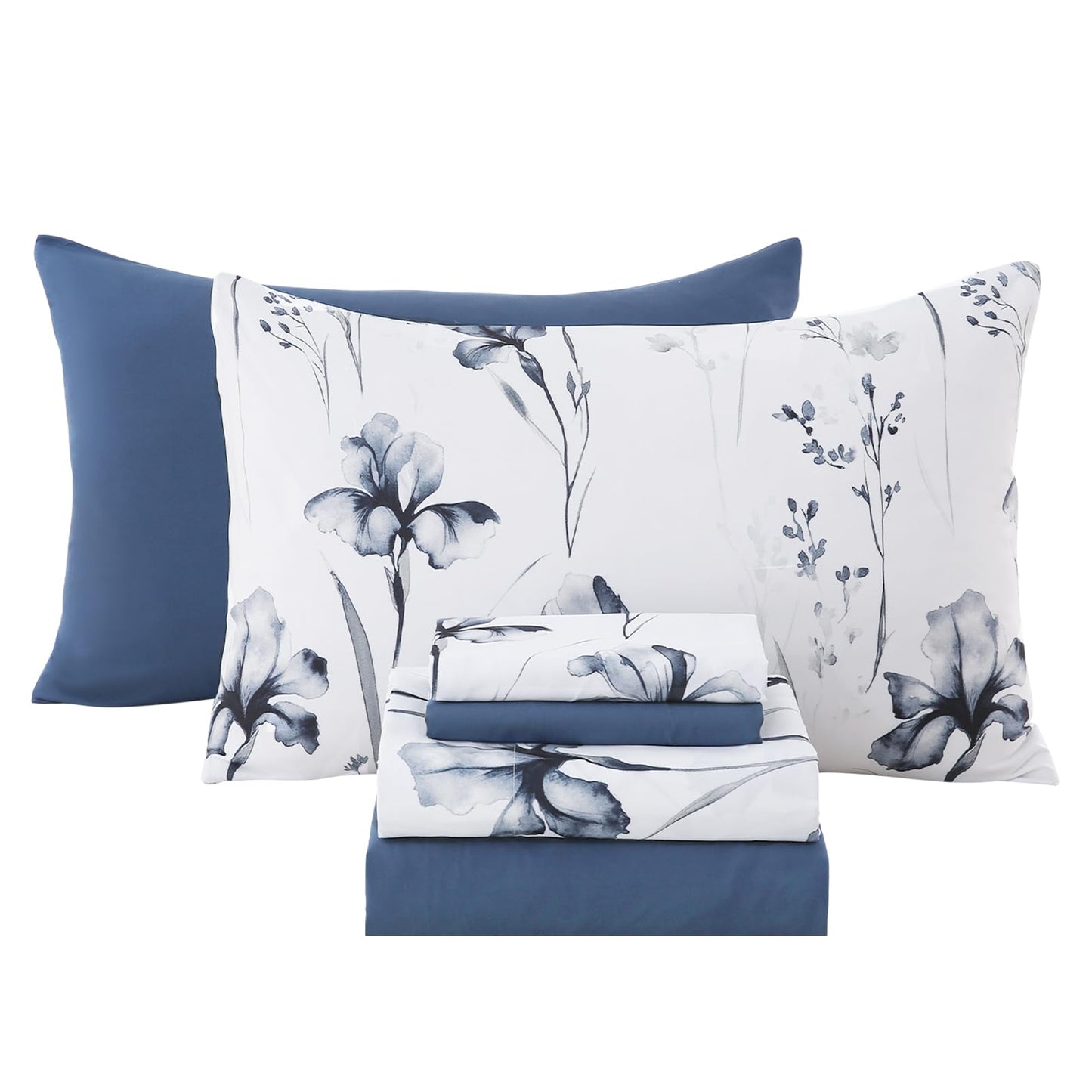 Swiftify Botanical Queen Bed Sheets Set 6-Piece, Boho Floral Brushed Microfiber Sheets, Cooling Bed Sheet Set, Soft & Breathable, 16' Deep Pocket Fitted Sheet & Pillowcase Set, Vintage Ink Iris