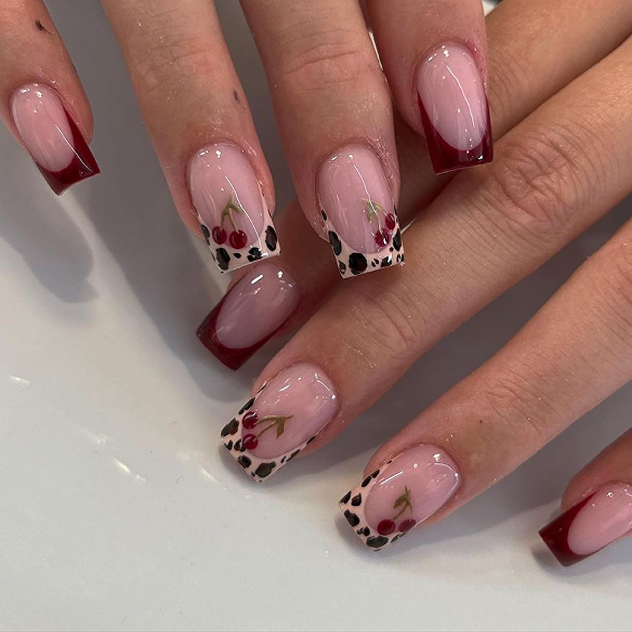 evpct Spring & Summer Press on Nails Medium Square No Glue, Cherry Fake Nails Press ons with 3D Pattern Design, Light Weight Perfectly Fit Fake Nails for Women Gift, Fake Nail Kit with Kits, 24Pcs