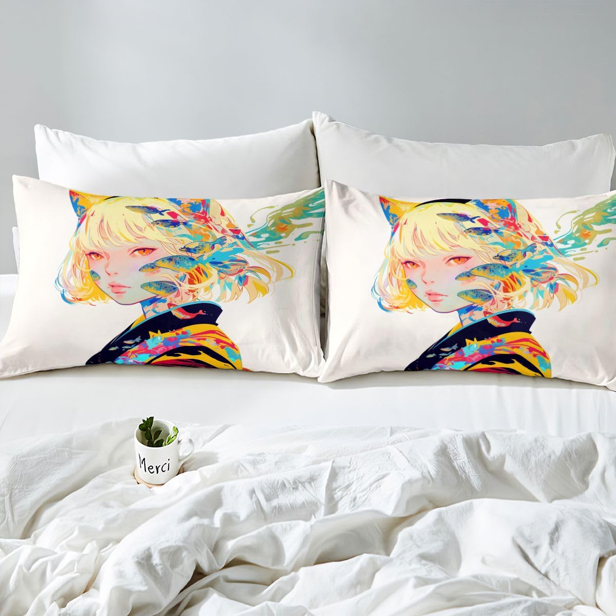 3D Anime Bed Sheets Japanese Girl Style Bed Set Queen for Cartoon Fans Fitted Sheet, Kawaii Anime Design Pattern Sheets with 2 Pillow Cases, Anime Gifts for Girls Anime Lover