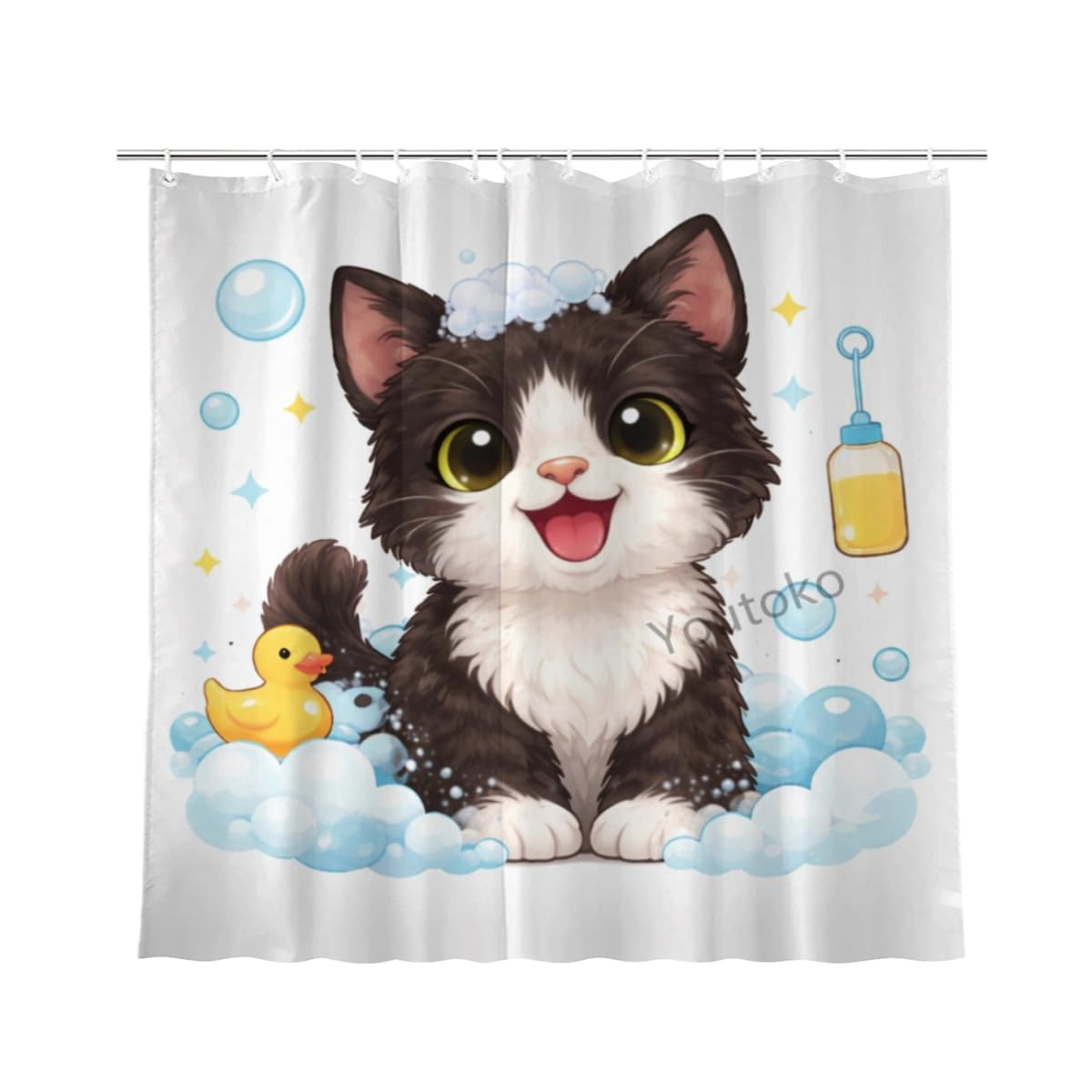 Youtoko Funny Tuxedo Cat Bathroom Decor Shower Curtain 72x72 Inch with 12 Hooks Cute Farm Animal Bubble Bath Rubber Duck Waterproof Washable Polyester