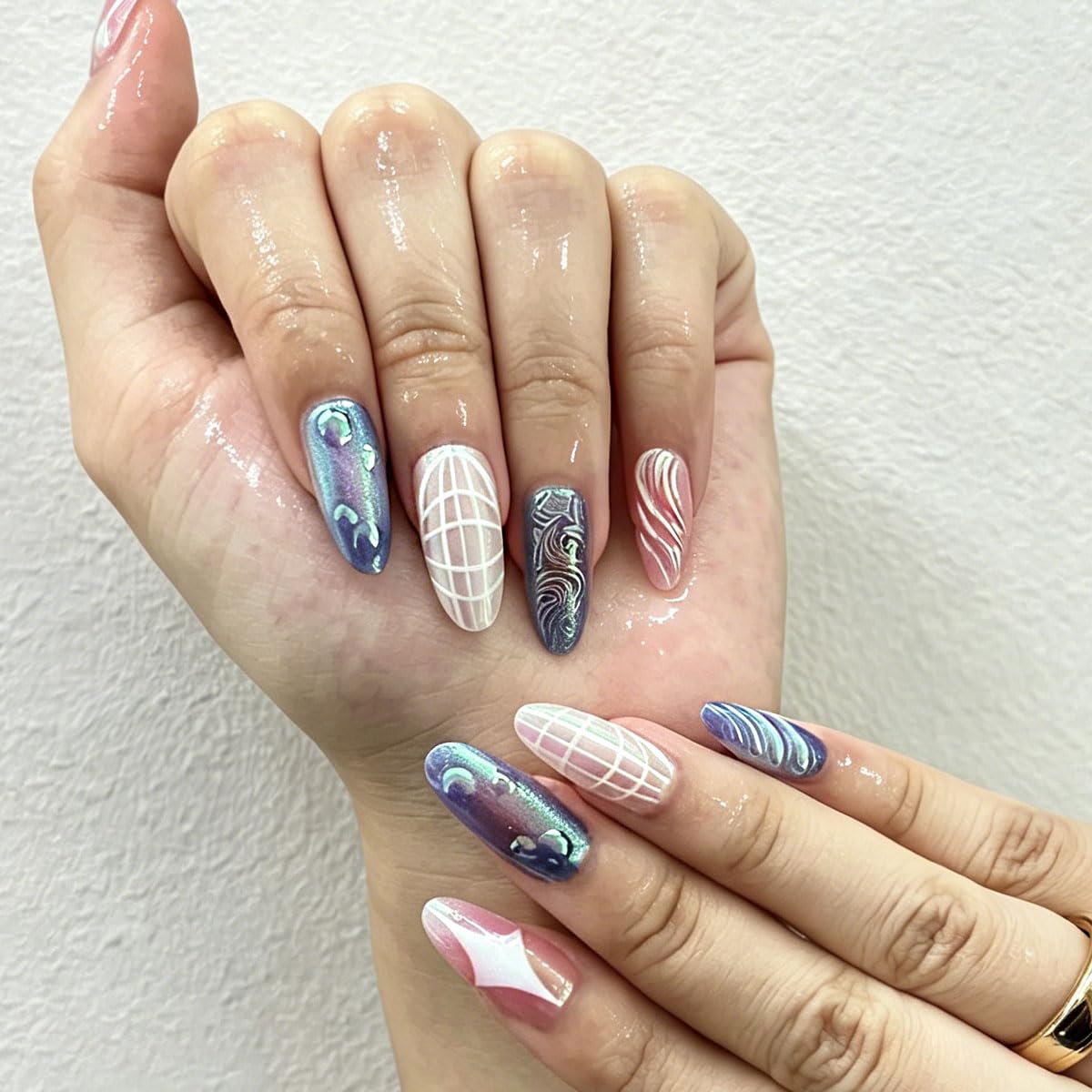 3D Press On Nails Almond Medium Fake Nails with Embossed Square Star Lines Vines Aurora Glitter Designs, Acrylic Artificial Nail Press ons False Stick On Nails for Women Girls 30Pcs