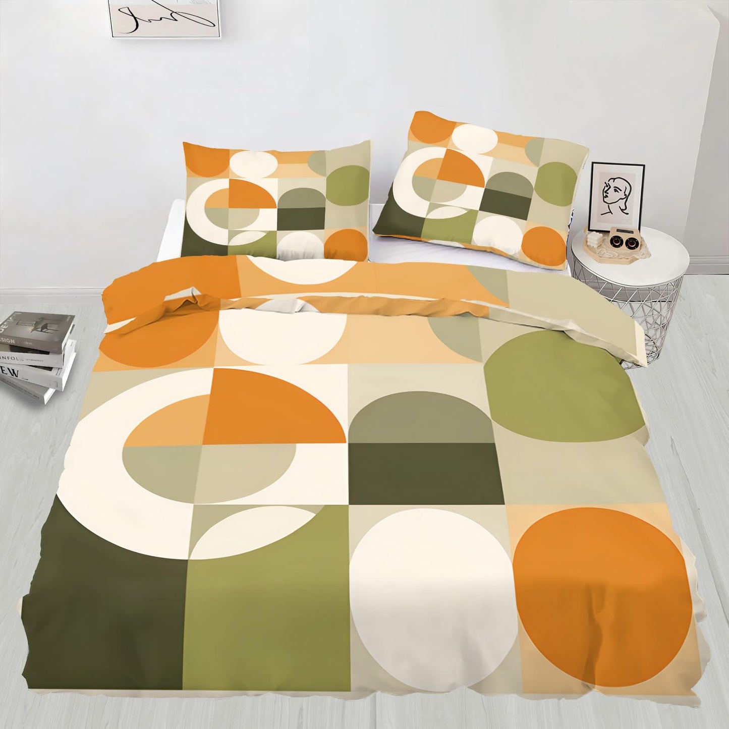 QINYUN Mid Century Modern Duvet Cover Queen Size, Abstract Geometric Bedding Set 3 Piece Bedroom Decor Circle Medieval Comforter Cover and 2 Pillow Sham with Zipper Closure
