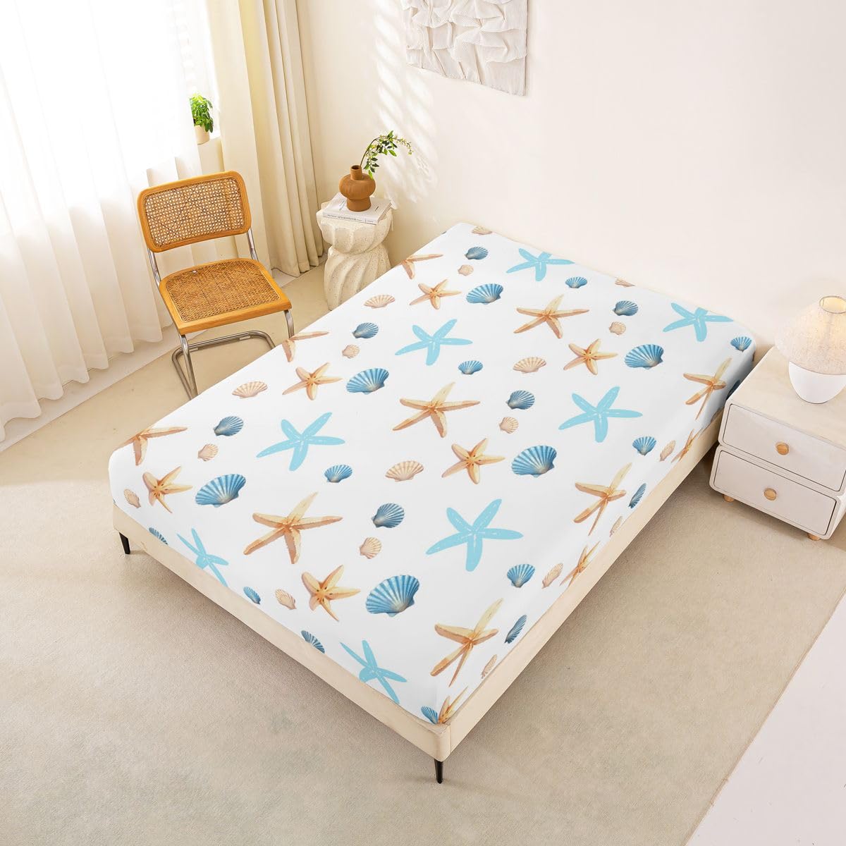 Castle Fairy Khaki Starfish Fitted Sheet Queen Size (No Flat),Blue Shell Bedding Sets 3Pcs,Girls Boys Adult Room Decor,Ocean Life Bed Cover Hawaii Beach Deep Pocket Sheet,2 Pillowcases