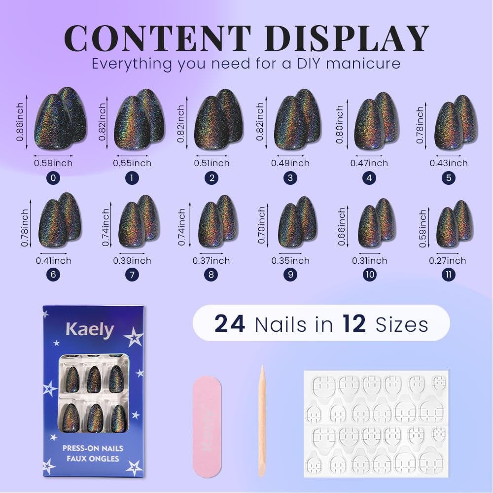 evpct Black Cat Eye Press on Nails Short Almond No Glue, Iridescent Colorful Metallic Glitter Glossy Stick on Nail for Women Gift with Kit, Reusable Full Cover Soft Gel Press on Fake Nail with Design