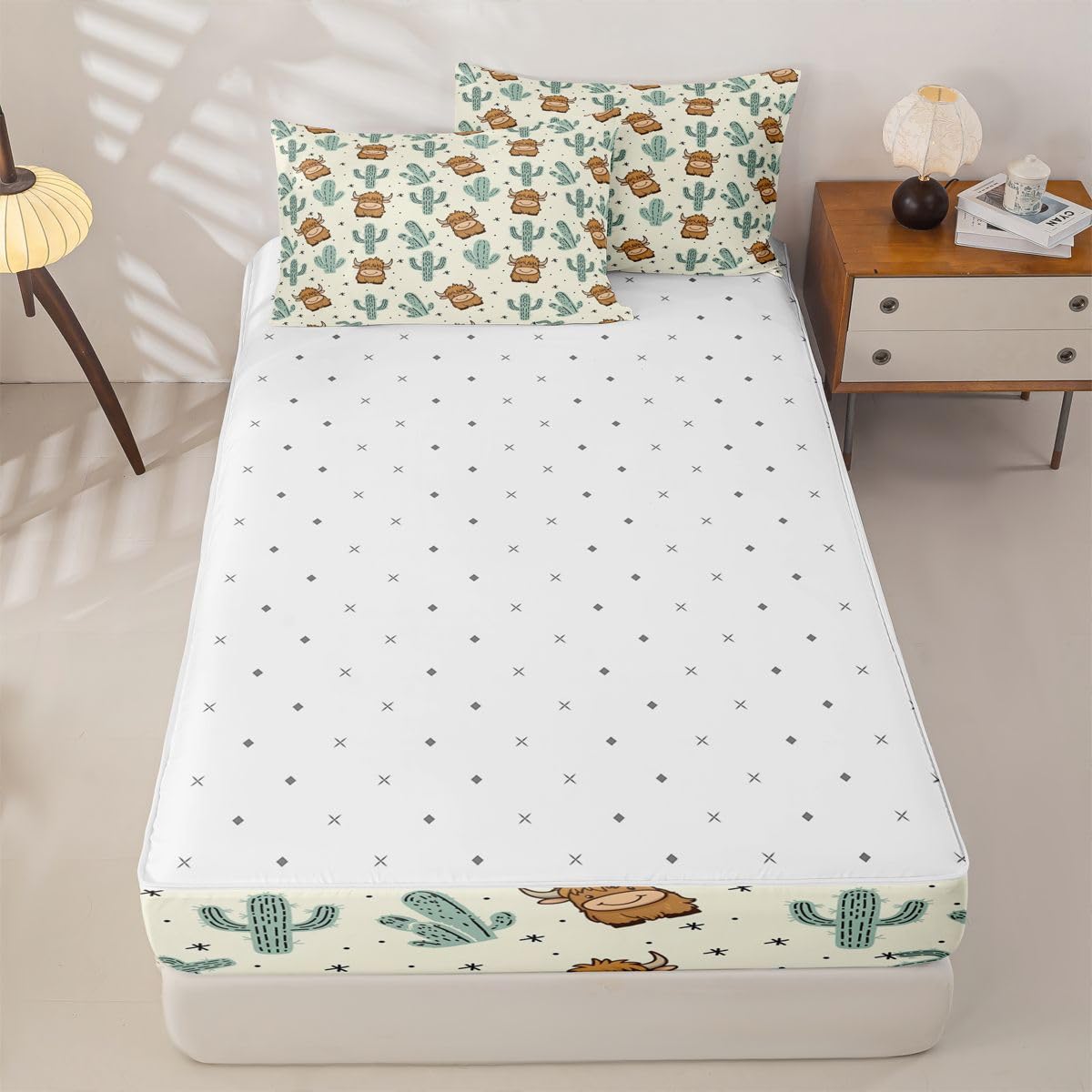 Feelyou Khaki Southwestern Aztec Zipper Bedding Twin Western Cactus Bohemian Boho Tribal Comforter Set with Fitted Sheet and Pillowcases Highland Cow Zipper Bedding Sets Highland Cattleorange