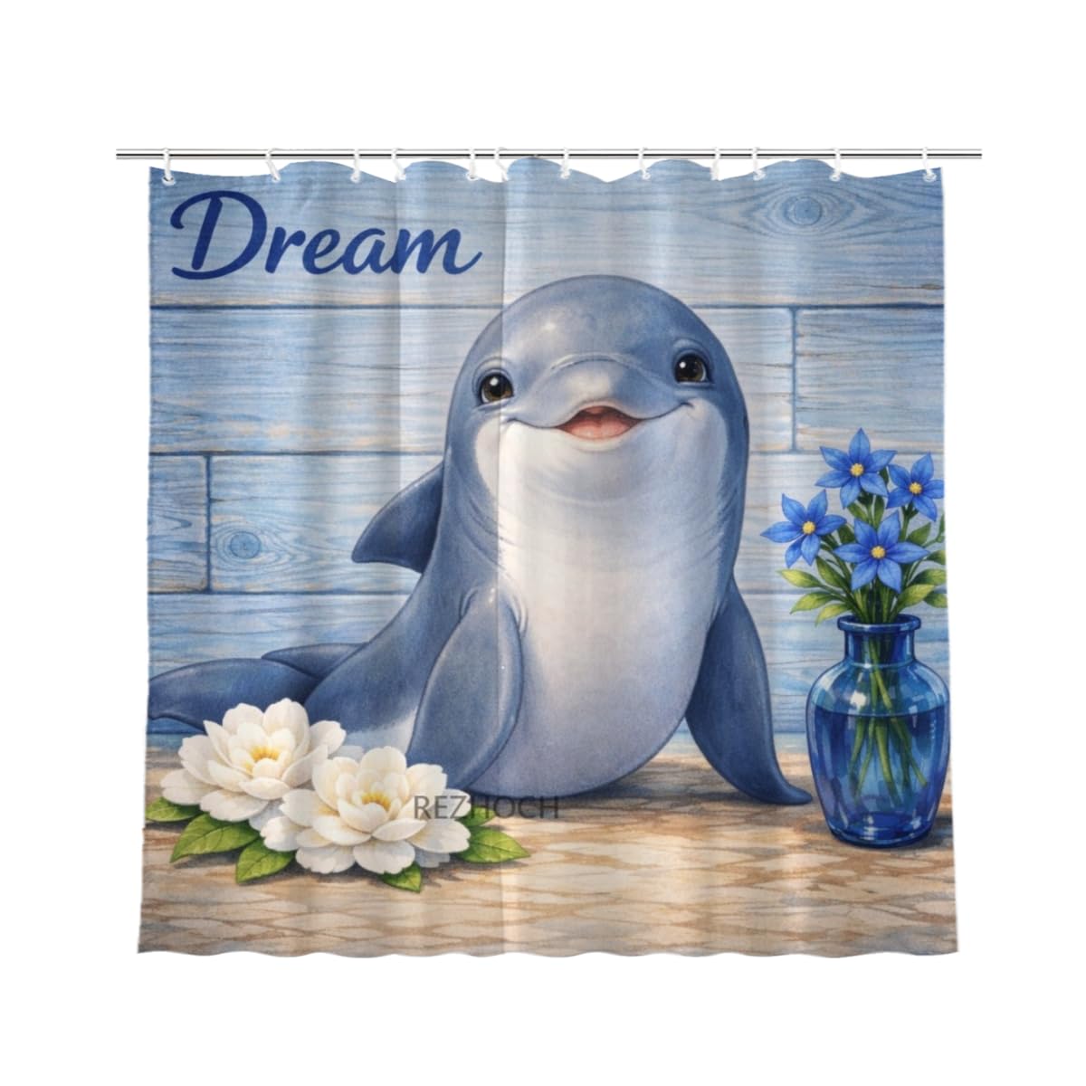 REZHOCH Cute Fun Dolphin Shower Curtain 72x72Inch,Blue Floral Dream Home Bathroom Decor,Animal Art Flower Waterproof Fabric Rustic Farmhouse Puppy Bath Tub Curtain with Hooks
