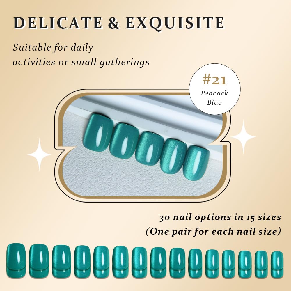 evpct Cyan-blue Green Cat Eye Extra Short Square Press on Nails, Petite Short Square Stick on Nails for Women Gift, Glossy Glitter Fake Nail Reusable, Soft Gel Press on Acrylic False Nail with Designs