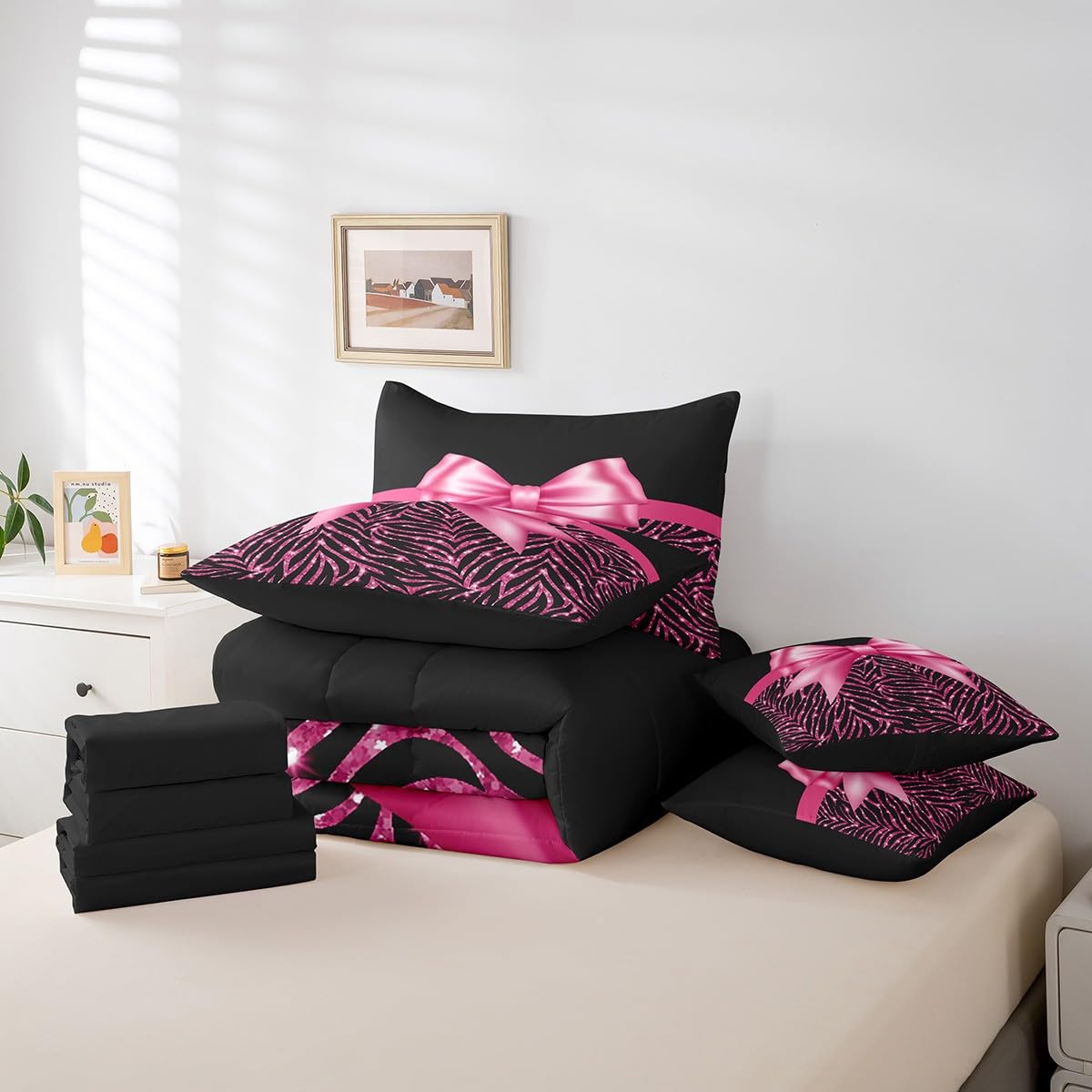 Feelyou Pink Bowknot 7 Piece Bedding Set Queen Size Glitter Print Comforter Set with Sheets for Kids Girls Adult Cute Bowknot Bed in a Bag Black Silver Bed Set