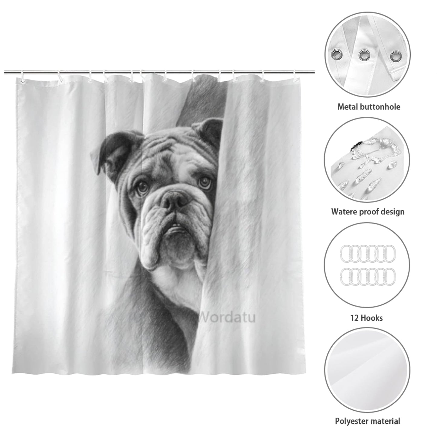 Wordatu Bulldog- Shower Curtain Bathroom Set 72x72 Inches Taking a Bubble Bath Animal Bath Animal Pet Dog Art Home Decor 12 Hooks
