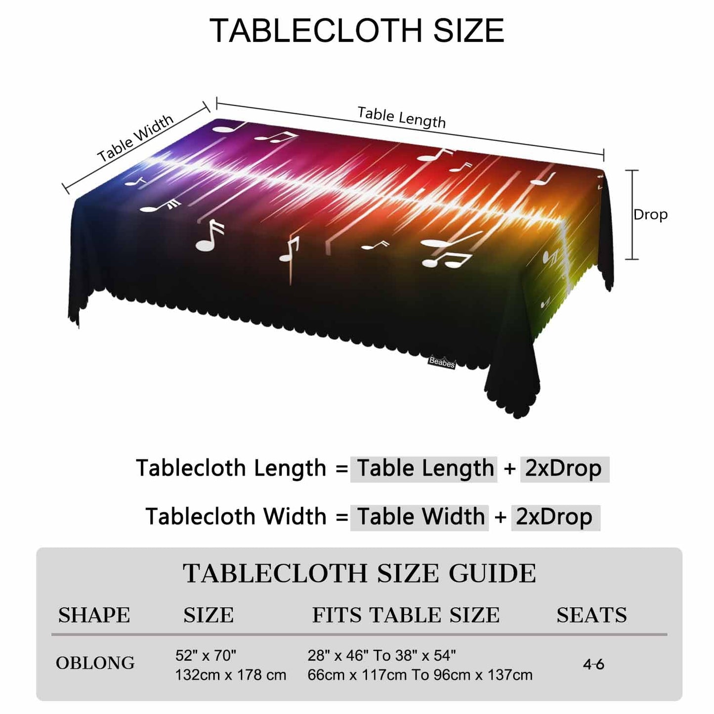Beabes Music Notes Dinner Tablecloth Table Cover, Rainbow Spectrum Pulse Music Notes Hippie 52x70 Inch Table Cloth Dust-Proof Table Cover Protector for Home Restaurant Picnic Camping BBQ