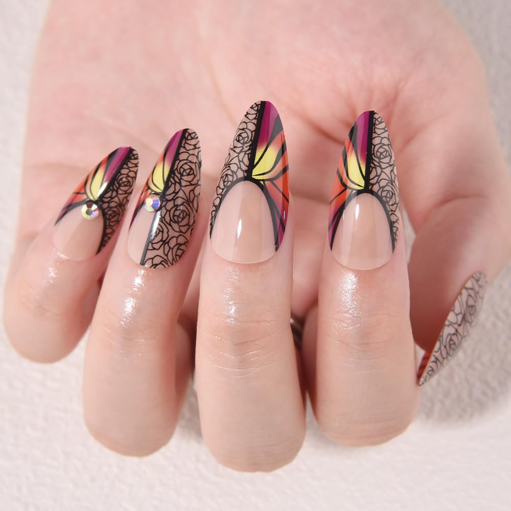 Nude Press on Fake Nails Medium Almond with Black Rose Design, Press on Nails Rheinston Design Reusable Manicure for Women Girls, Perfect Fit Stick on Nail Press ons Glossy Finish, 24Pcs