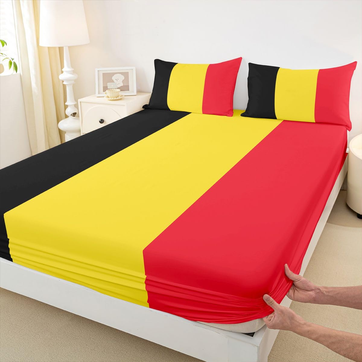 Feelyou Belgian Flag Bed Sheets Set Queen Size Belgium Deep Pocket Fitted Sheet World Countries Bedding Sets International Flag Soft Bed Set 4Pcs with 2 Pillow Cases