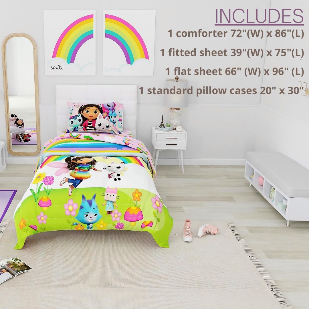 DreamWorks Gabby's Dollhouse Cakey, Mercat and Pandy Kids Bedding Super Soft Comforter and Sheet Set, 4 Piece Twin Size, (Official Licensed Product) by Franco