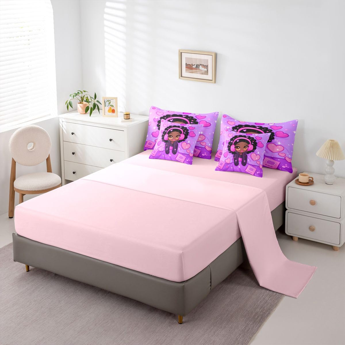 Erosebridal Anime Black Girls Queen Bedding Set Kawaii Pink Headphones Girl Comforter Set with Flat and Fitted Sheet Kids Teen Aesthetic Heart 7-Piece Bed in a Bag Music Theme Quilt Sets