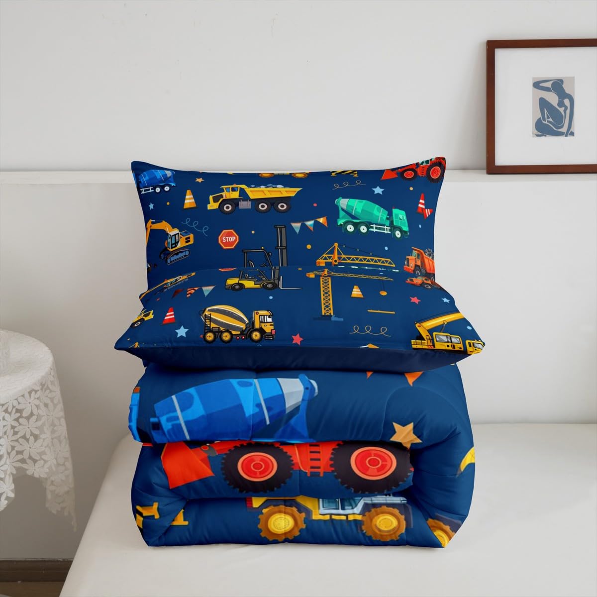 jejeloiu Cartoon Car Kids Comforter Set Twin Size Excavator Bedding Set Construction Duvet Quilt for Kids Boys Girls Bedroom Equipment Trucks Decor Microfiber Ultra Soft Breathable