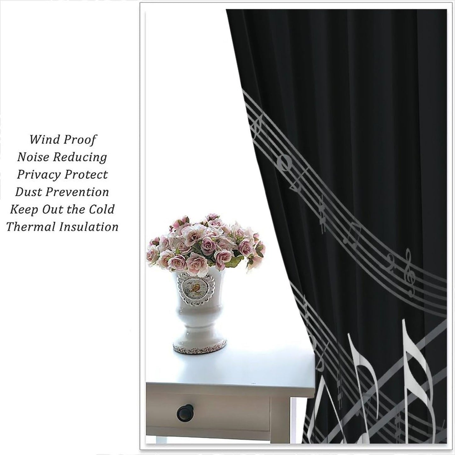 VUMIVI Music Theme Curtains Classic Black White Musical Notes Wavy Sheet Staff Rod Pocket Window Treatments for Bedroom Kitchen Music Classroom Dorms Cafe 42" W X 44.5" L