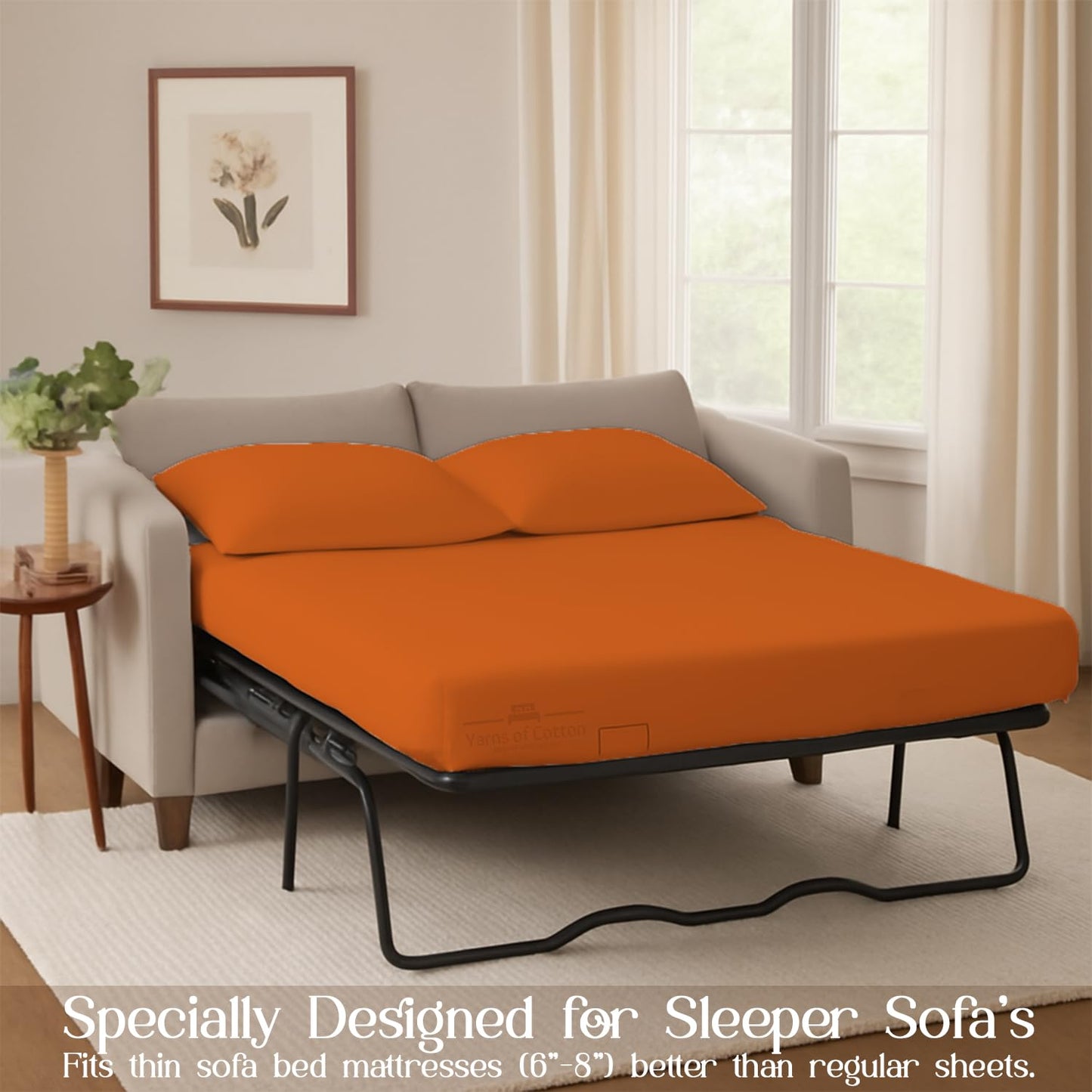 Sleeper Sofa Bed Sheet, 100% Cotton 400 Thread Count, 4 Piece Set, Deep Pocket Fitted Sheet, Soft Wrinkle Free & Breathable, Luxury Hotel Quality, Fits Up to 6 Inch Mattress (Full, Orange)