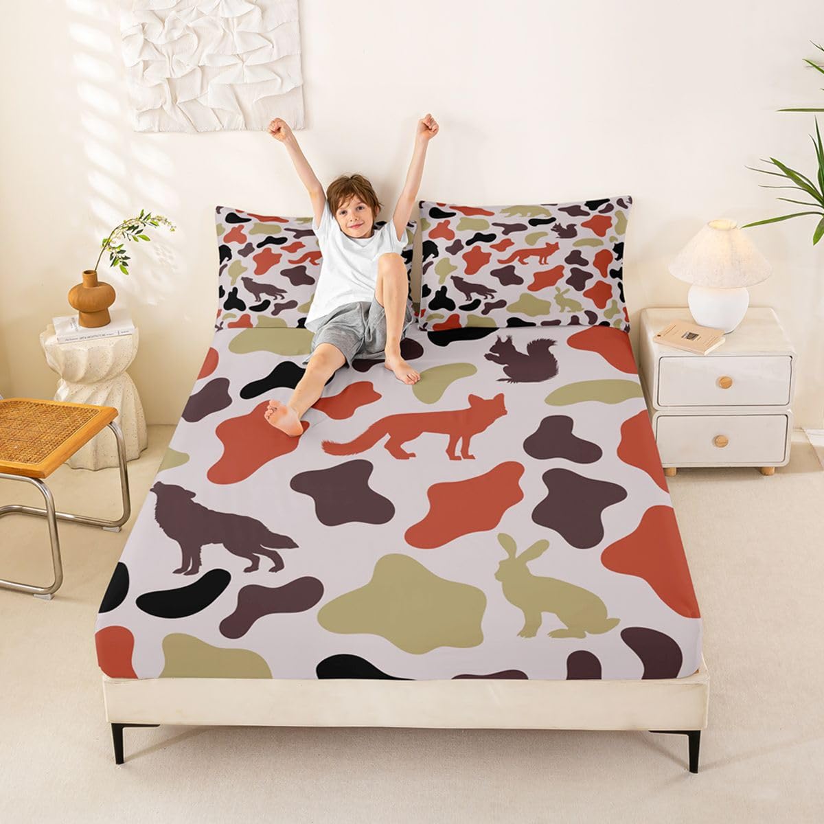 Manfei Camo Animals Fitted Sheet Twin Size,Bear Wolf Rabbit Wildlife Design Bedding Set 2pcs,Army Camouflage Bed Sheets with 1 Pillowcase,Kids Boys Girls Room Decor,Soft Deep Pocket Bedding(No Flat)