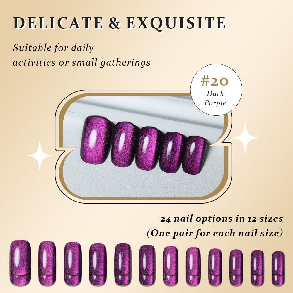 Purple Cat Eye Press on Nails Medium Square, Medium Square Stick on Fake Nails for Women Gift, Dark Purple Holographic Glitter Glossy Reusable Soft Gel Stick Press on Acrylic False Nail with Designs