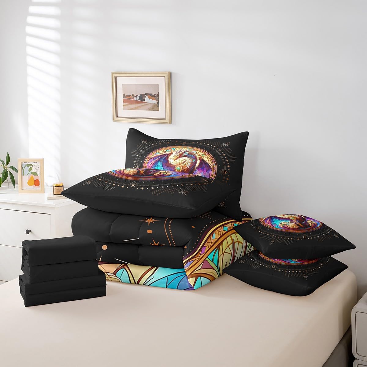 Feelyou Dragon Comforter Set with Sheets Twin Size Dragon Stuff Bed in a Bag for Boys Girls Teens Wild Life 7 Pieces Bedding Set Dragon Decor Bed Set Room Decor Black Yellow