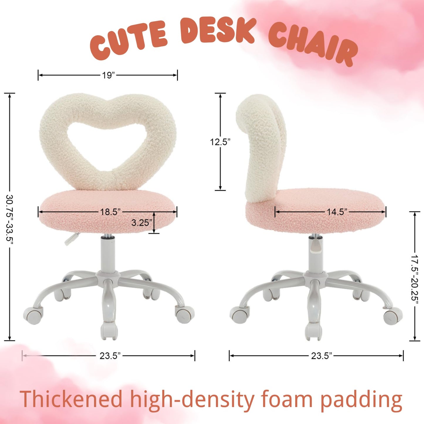 Cute Kids Desk Chairs，360’ Swivel Kids Chairs Computer Chairs with Wheels，Adjustable Heart Children Chair Study Upholstered Vanity Chair Chair for Teen Girls Boys Bedroom Children Gift, Pink