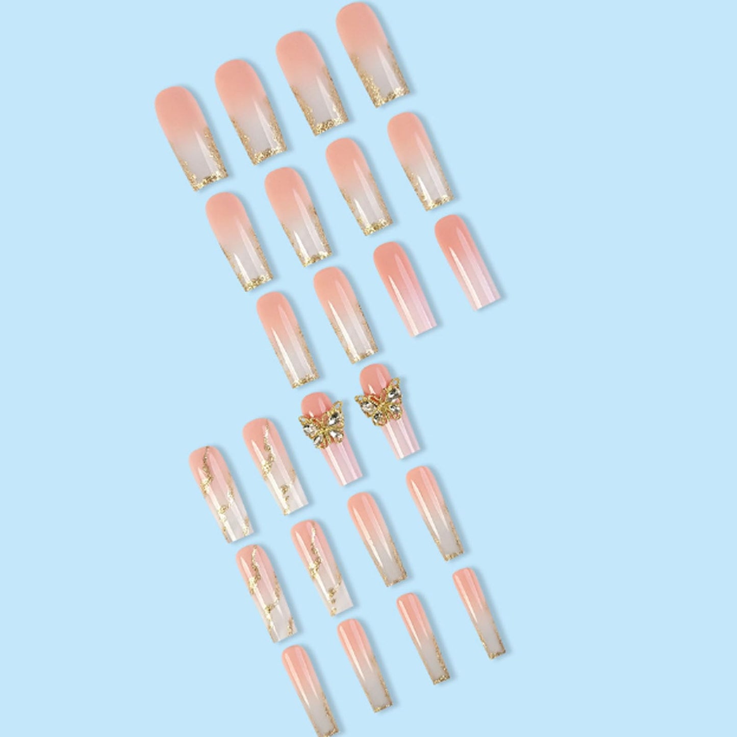 Hkanlre Long Press on Nails Marble Tips Full Cover Butterfly False Nails Square Fake Gold Nails French for Women 24PCS
