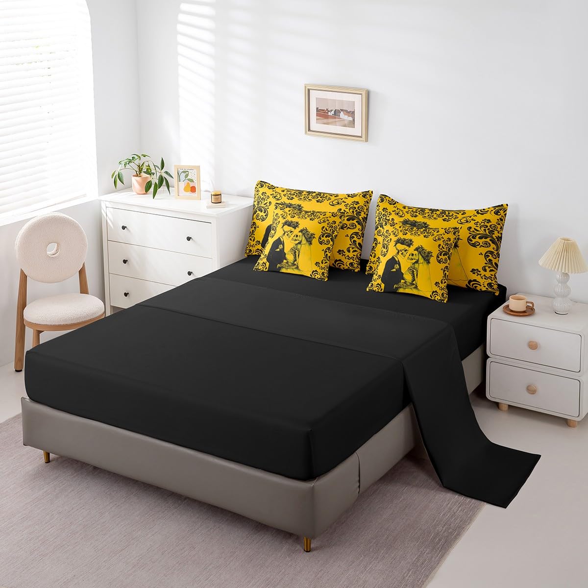 Erosebridal Gothic Skull Bed in A Bag 7 Piece Queen Yellow Black Couple Rose Skull Comforter Set with Sheets Damask Skeleton Goth Bedding Set for Women Men Romantic Wedding Valentines Day Bed Set
