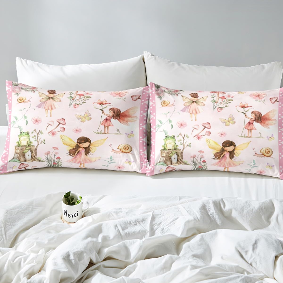 Erosebridal Dreamy Fairy Twin Bedding Set,Pink Floral Garden Fitted Sheet for Girls Kids,Mushroom and Frog Bed Set,Kawaii Flower Butterfly Bed Sheets 2Pcs Room Decor (No Flat Sheet)