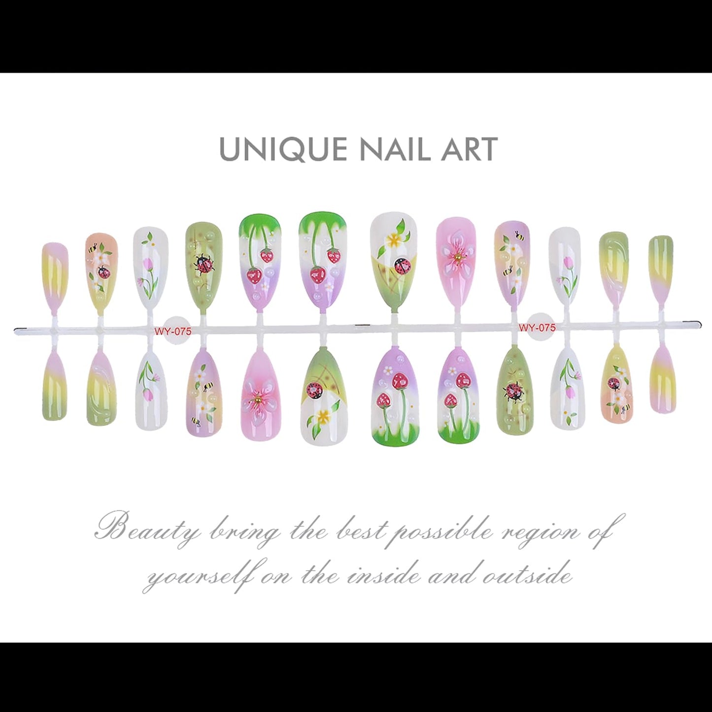 24Pcs Summer Flower Press on Nails Medium Kit Colorful - 3D Ladybug, Strawberry Flower, French Almond-Shaped False Nails Spring Summer Nail Art Handmade Stick on Nails for Women
