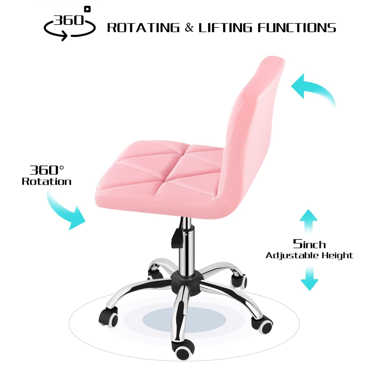 COSVALVE Armless Desk Chair, Mid Back Swivel Office Chair, Adjustable Task Chair with Rolling Wheels and Diamond Pattern, for Home Computer Barber, Pink