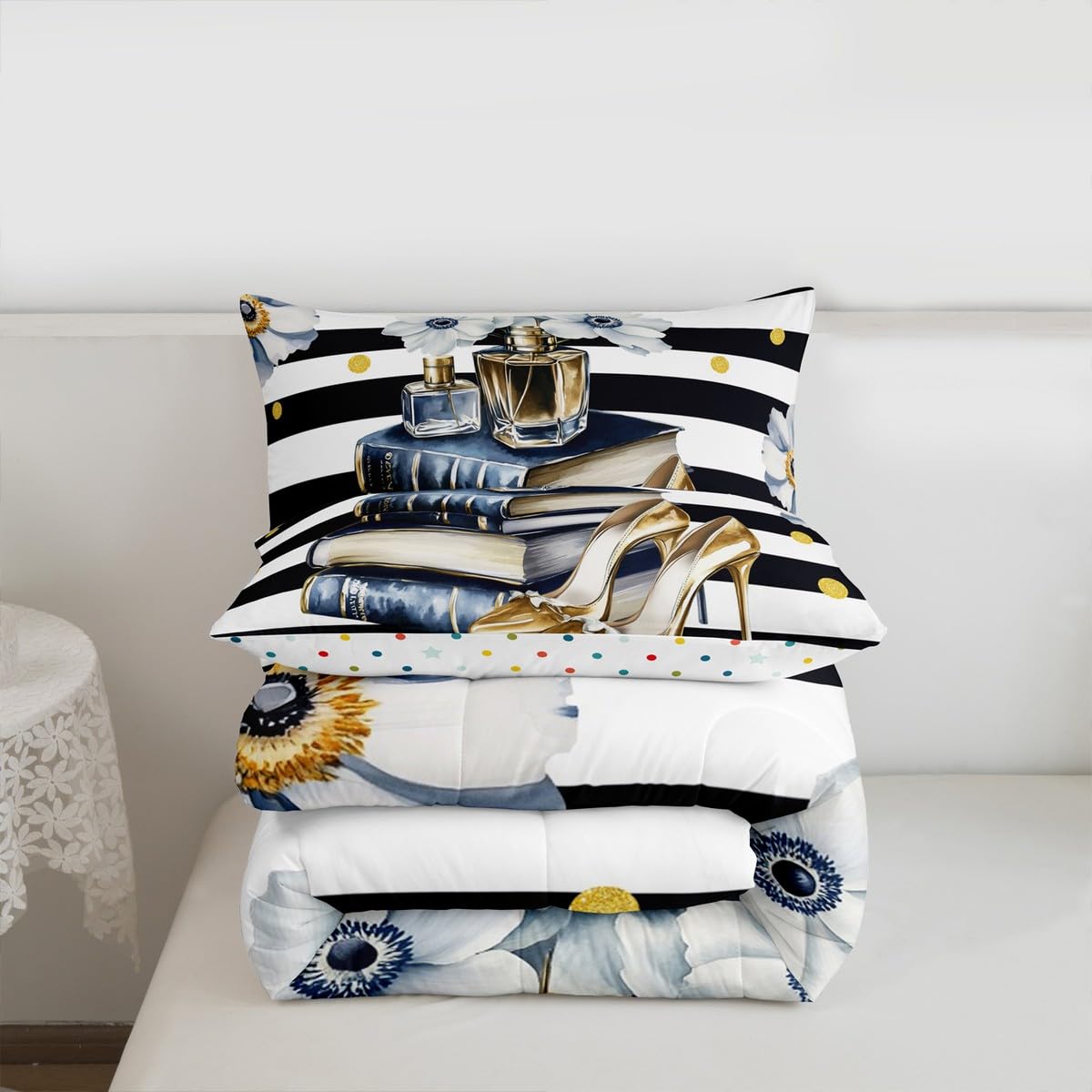 Erosebridal Fashion Comforter King Size for Girls Teens Women Black White Stripes Bedding Set Blue Gold Floral & Oil Painting Book Modern Duvet Insert Perfume High Heels Bed Sets