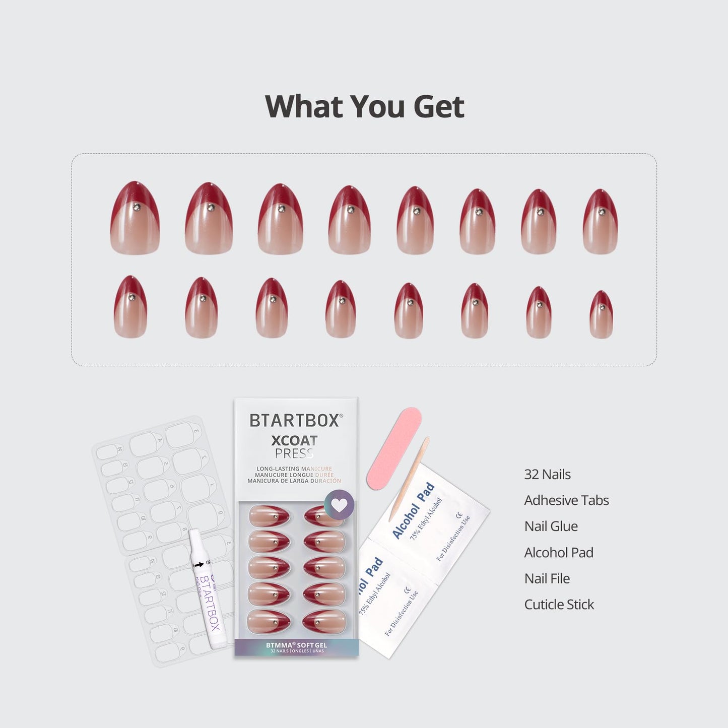 BTArtbox Press On Nails Short - Audrey's Ruby, Red Chrome Almond Light Red French Tip Press On Nails with Glue and Adhesive Tabs for Women, Soft Gel Glue On Nails in 16 Sizes - 32 Stick On Nails Kit
