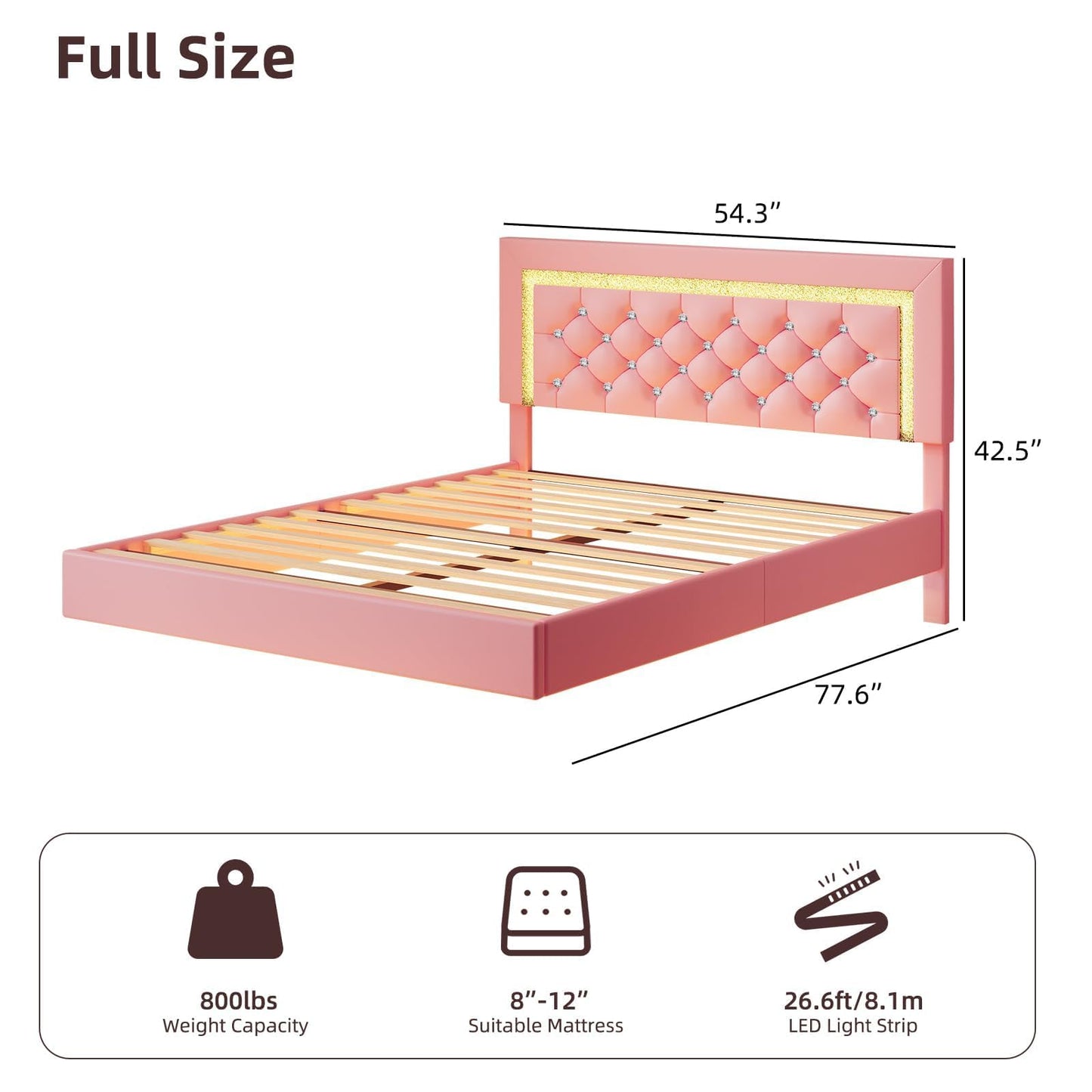 BarnFurin Floating Bed Frame Full with LED Lights, Upholstered Bed Frame with Diamond Headboard, No Box Spring Needed, Noise Free, Easy Assembly, Pink