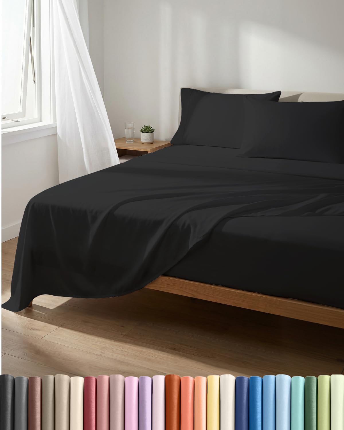 Lightweight 4 Piece Bed Sheet Set Queen Size - Cooling Sheets for Hot Sleepers - Soft Breathable Bedding Set w/ 8-16 Inch Deep Pockets - 1 Flat & 1 Fitted & 2 Pillowcases - Wrinkle Resistant - Black