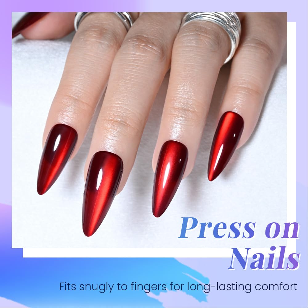 evpct Dark Red Cat Eye Press on Nails Almond Long No Glue, Soft Stick on Nail Long Almond for Women Gift, Bloond Red Metallic Glitter Soft Reusable Full Cover Press on Acrylic Fake Nail with Designs