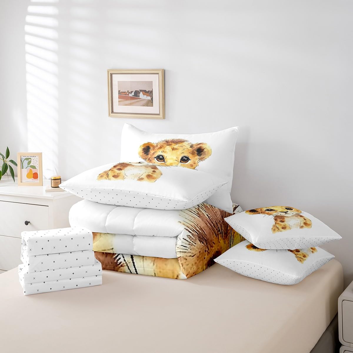 Erosebridal Kawaii Lion Twin Size Comforter Set with Sheets Kids | African Jungle Animal 7-Piece Bedding Set Tropical Forest Wildlife Pattern Bed in a Bag Cartoon Wild Safari Animal Bed Quilt Sets