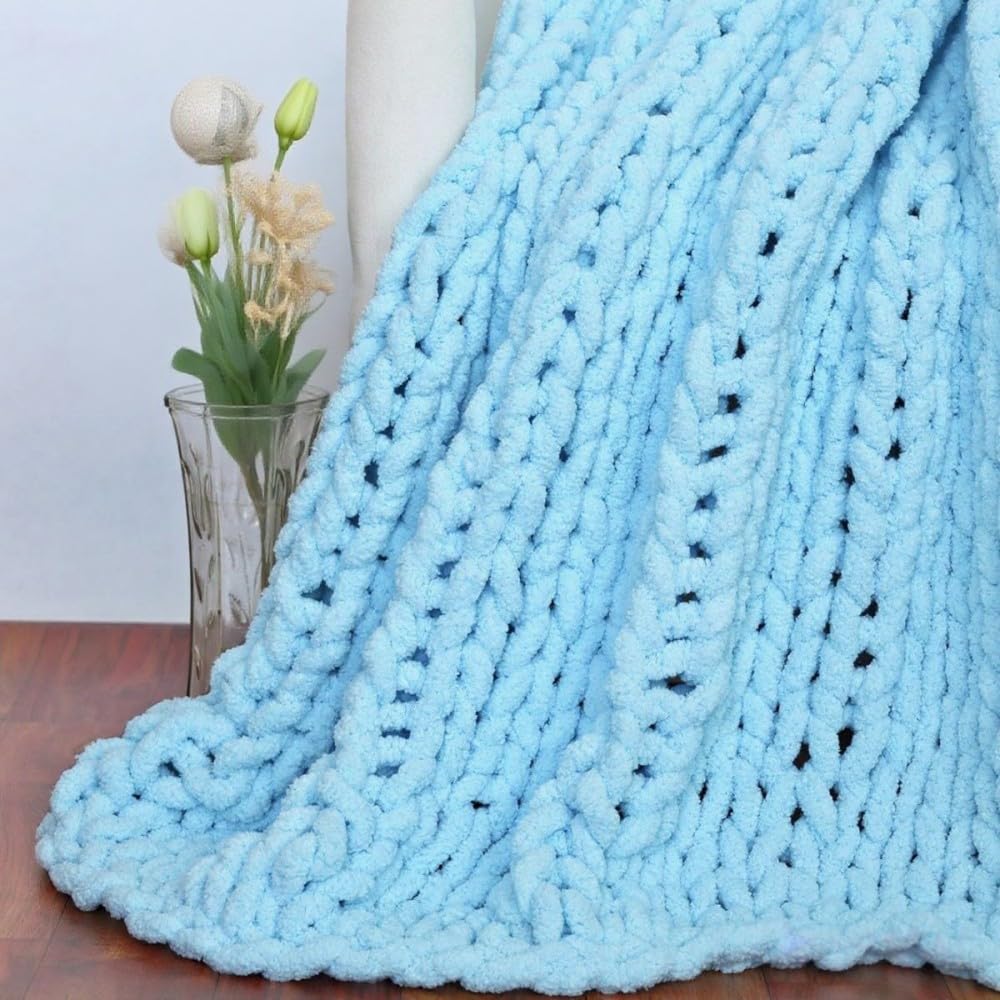 QIFONIX Handmade Chunky Knit Blanket, Cosy Chenille Throw (Blue, Throw (50" x 60"))