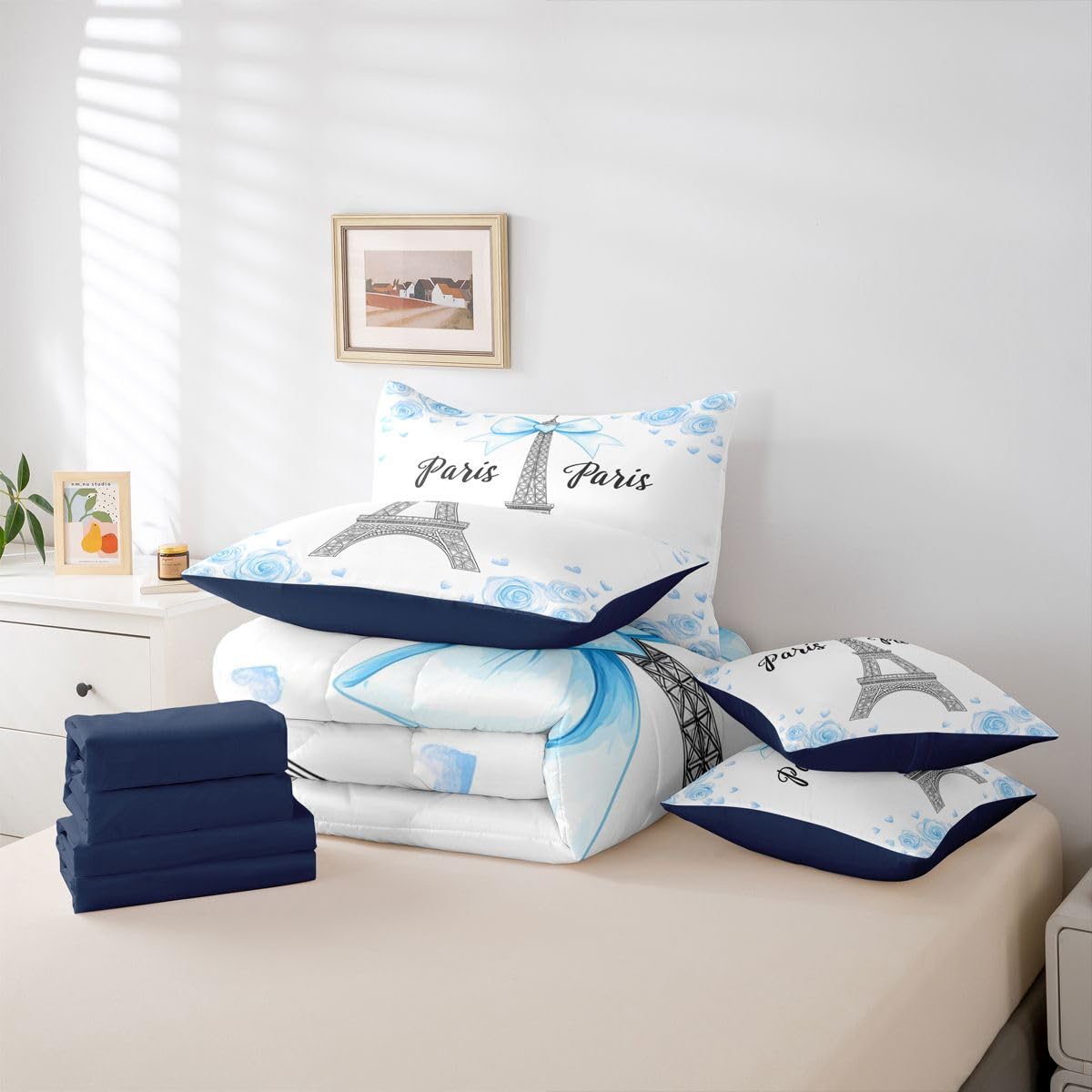 Erosebridal Blue Bow Tie Twin Bedding Sets for Girls Eiffel Tower 7 Piece Comforter Set with Sheets Rose Romantic Paris France Bed in A Bag Princess Bowknot Bed Set