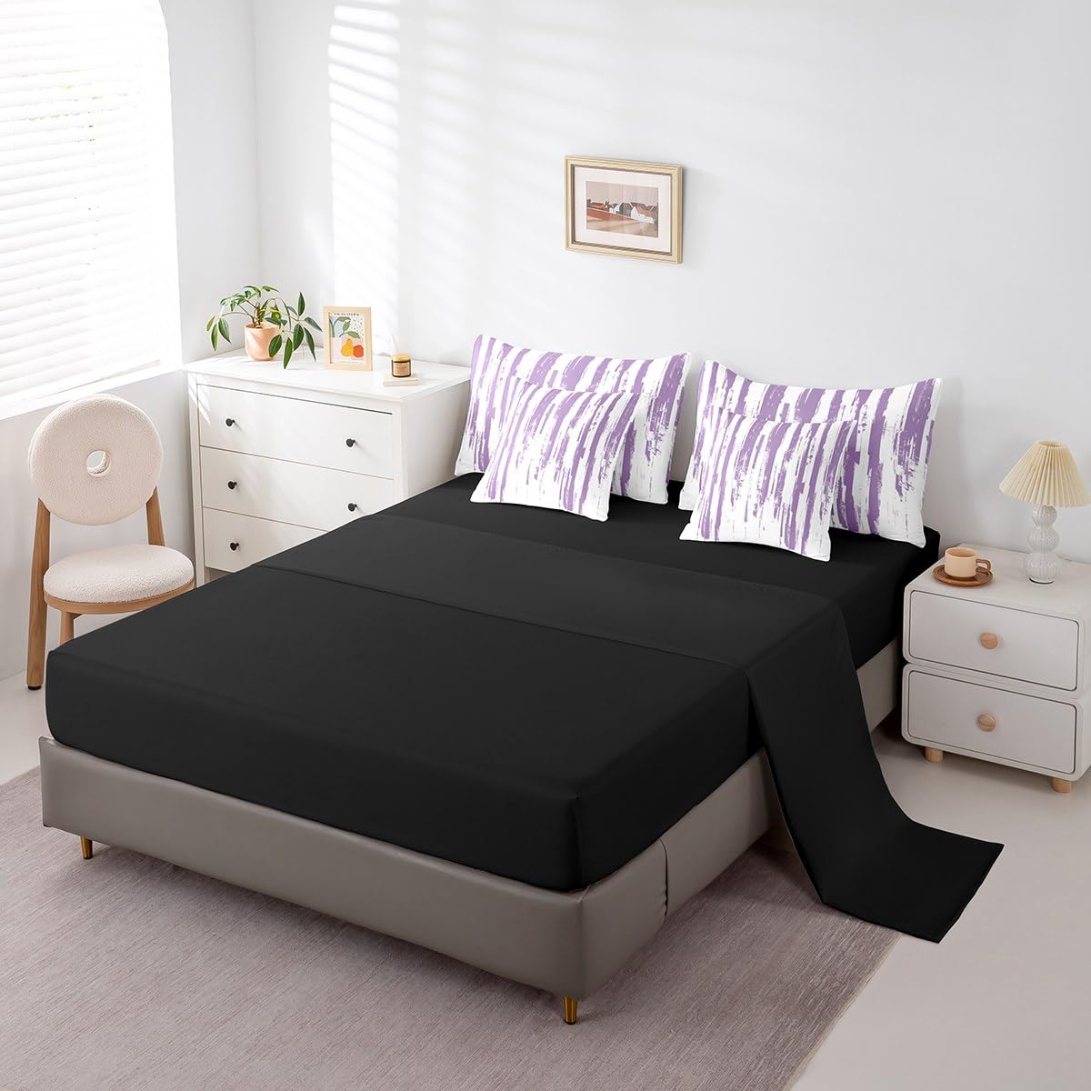 Erosebridal 7Pcs Lavender White Boho King Comforter Set,Geometric Stripes Striped Abstract Bed in A Bag for Women Men Adults Teens,Modern Art Aesthetic Violet Purple Ink Quilt Set with Pillowcases