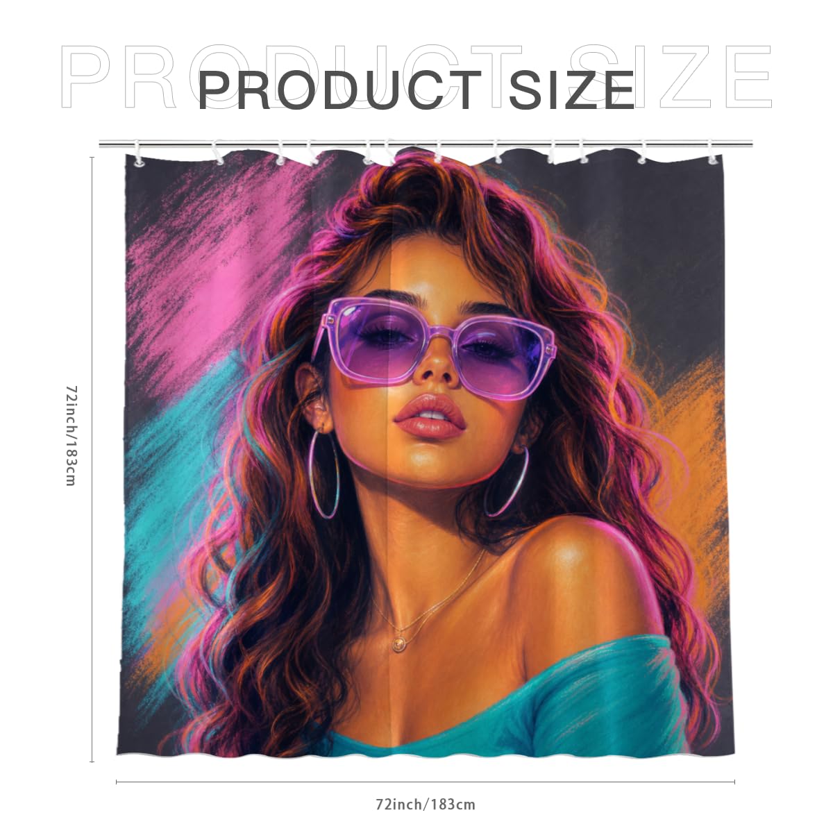 TopPacific Pink Hair Woman Shower Curtain 72x72 Inch Shower Curtain with 12 Hooks Polyester Woman Purple Sunglasses Pink Blue Hair Dark Background Bathroom Decor