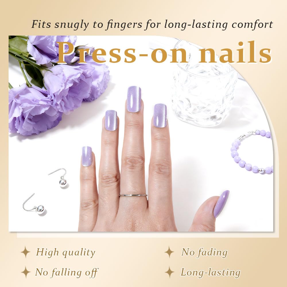 Orchid Purple Cat Eye Press on Nails Medium Square, Medium Square Press Stick on Nails Chrome for Women Gift, Orchid Holographic Glitter Glossy Reusable Acrylic Fake Nail with Cateye Effect Designs